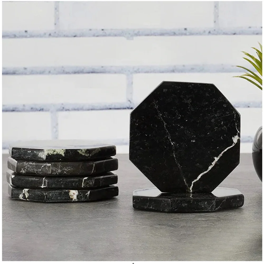 Radicaln $65 Natural Marble Coasters Set 6 Black White Padded Hexagon OS